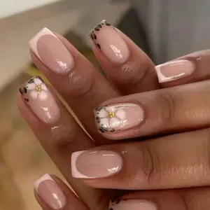 24pcs Clear Nude Nail Art Set, French Tip, 3D Hand-Drawn Flowers, Beads, Medium Square Nails, Glossy Finish, Daily Wear