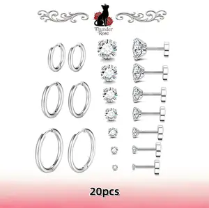 20Pcs Multi-Size  Stainless Steel Cubic Zirconia Earrings  Jewelry Set, Sparkling CZ Flatback Studs + Silver Hoops,   Suitable for Cartilage / Tragus / Earlobe Piercings