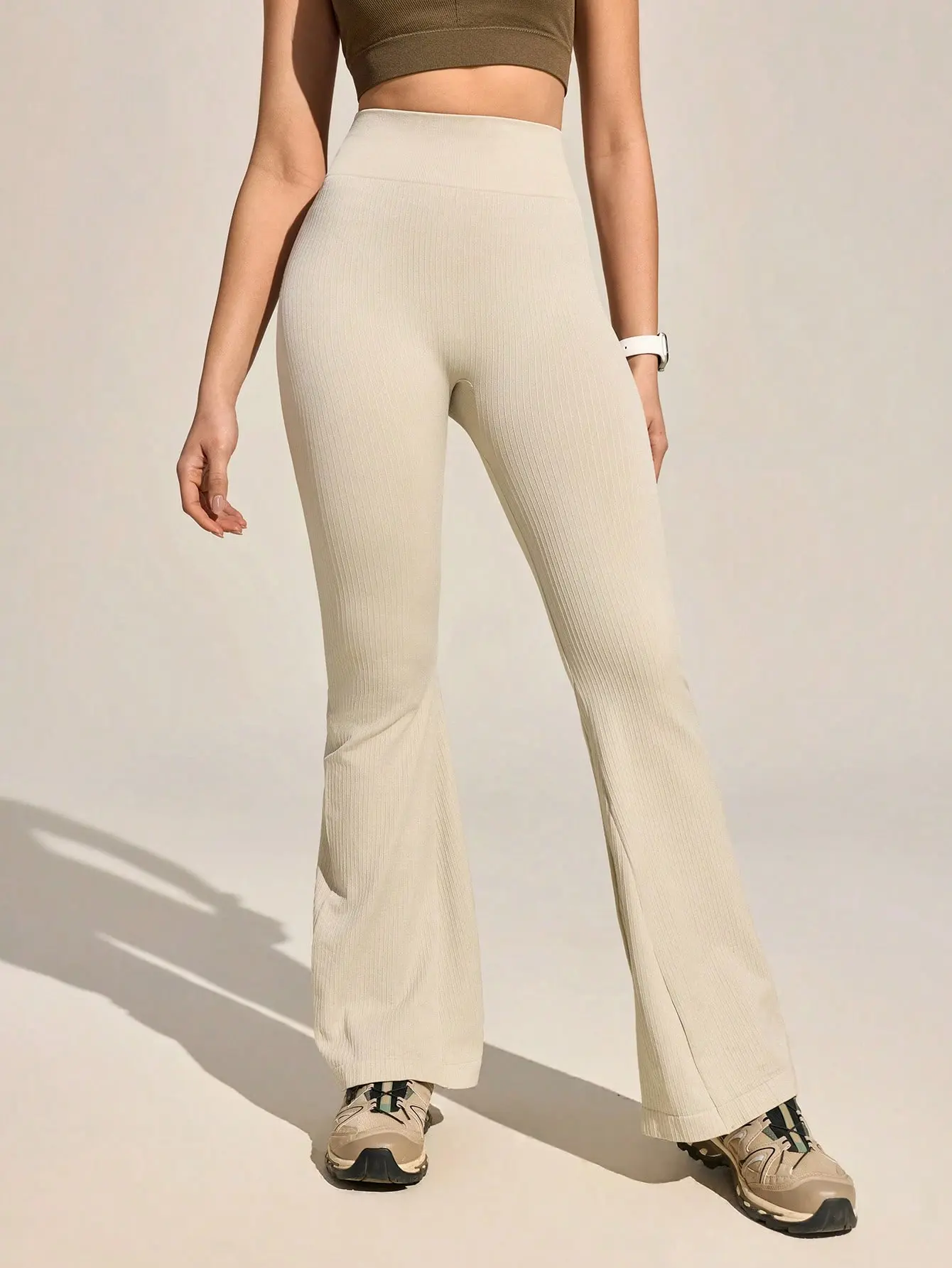 Women's High-Rise Leggings, High-Stretch Ribbed Seamless Glute Enhancing Trousers with Tummy Control Slimming Effect, Extended Length Micro Flare Breathable Yoga Pants for Active Gym, Spring-Summer-Autumn