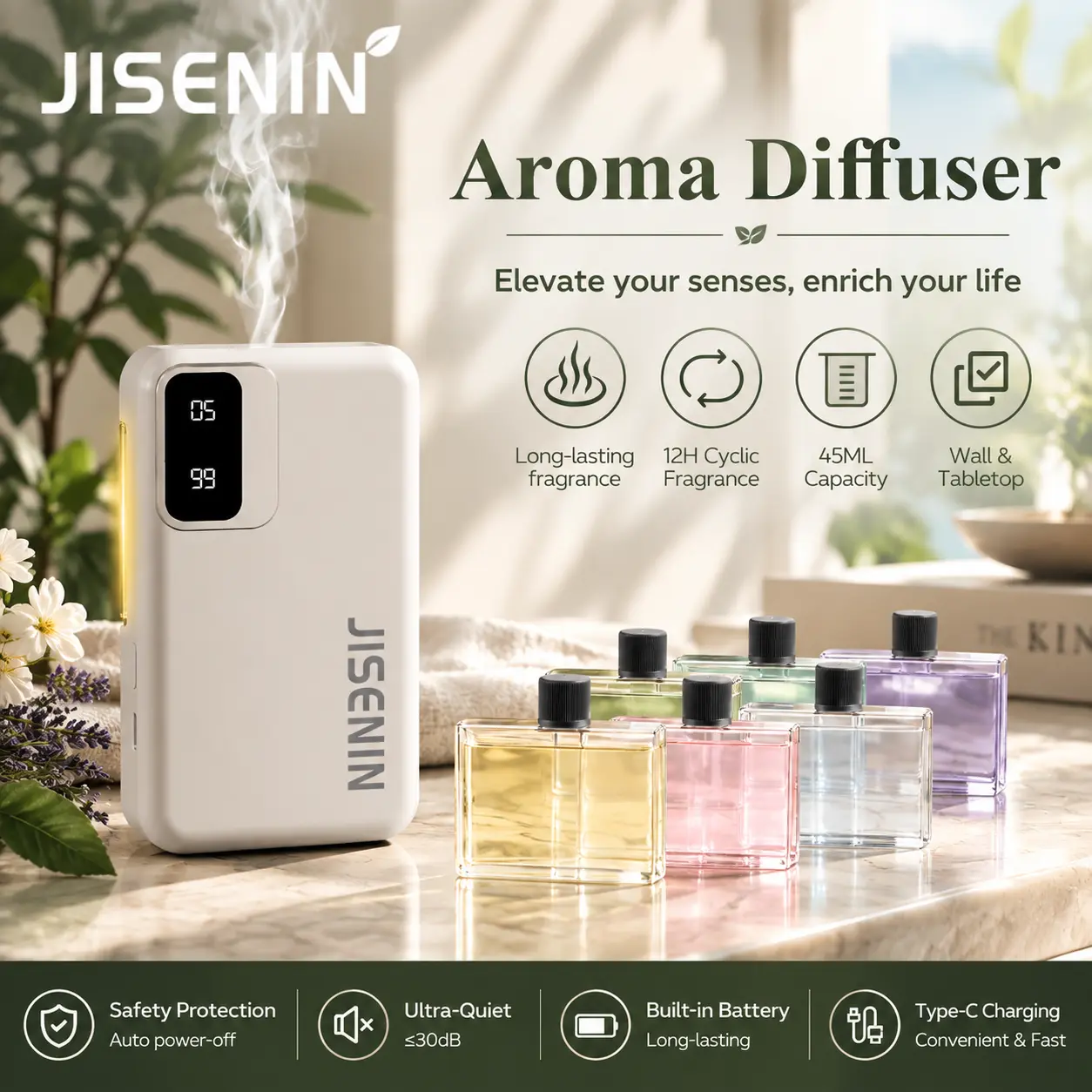 JISENIN Smart Aromatherapy Diffuser - Diffuser for Home, USB-Rechargeable Humidifier with 1800mAh Battery, 7-Color Night Light for Office Use