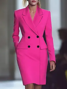 Hoco Dress European Style, Chic Bright Double-Breasted Lapel X-Shape Suit Jacket, Long Sleeve, Formal Elegant Office & Casual Wear, Womenswear