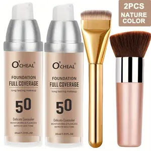 【2pcs Flawless Foundation & 2pcs Makeup Brushes】Perfect Air Cushion Foundation High Coverage Smooth Cream Matte Spray Makeup Set, Suitable for Mature Light Beige Light Beige Natural Color, High End Makeup, Makeup Base Foundation Full Coverage Cosmetic