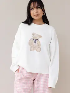 Honey Bear Hug Sweater - Cream | knit crewneck sweater teddy bear design long sleeves ribbed cuff pullover sweatshirt fall winter spring style