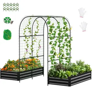 Naudacaa Galvanized Raised Garden Bed with 85in Tall Garden Trellis, Tall Metal Plant Support Trellis Archway for Climbing Vine Vegetable/Fruit/Flower Grapes Melons