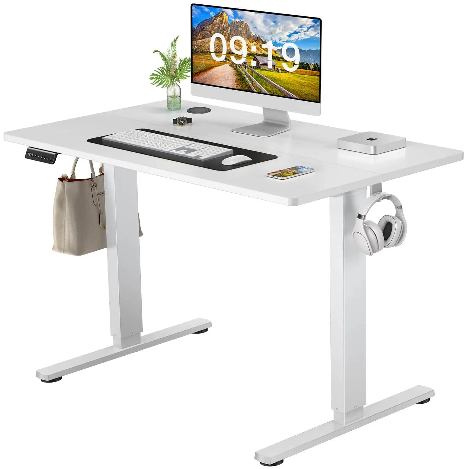 Height Adjustable Electric Standing Desk with Ergonomic Design,Sit Stand Desk with Splice Board, Standing Table White Frame/White Desktop for Home Off
