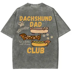 Dachshund Dad Club T-shirt, Unisex Casual Cotton Comfort Shirt Fit Option B, Vintage CrewNeck Acid Washed Oversized Drop Shoulder Heavyweight T-shirt, Baggy Workout Tops Short Sleeve Shirt