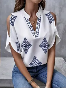 Women's Summer Commute Loose Short Sleeve Printed Shirt Blouse, Fashion V Neck and Cutout Shoulder Design Top, Stylish Casual Wear
