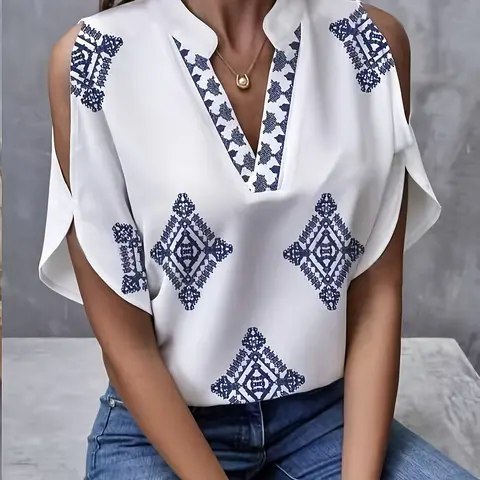Women's Summer Commute Loose Short Sleeve Geometric Printed Shirt Blouse, Fashion V Neck and Cutout Shoulder Design Top, Stylish Casual Elegant Chic Wear