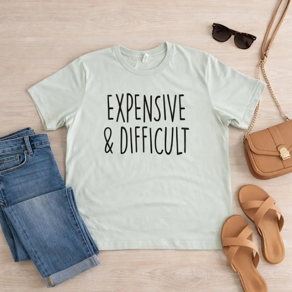 Bella + Canvas Expensive & Difficult Printed Tshirt - Comfortable Breathable Unisex Tee in Heather Dusty Blue XS to 3XL Pre-Shrunk Material - Jersey