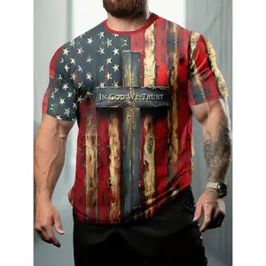Digital Printing - Men'S Patriotic Christian T-Shirt with a Cross Design from The USA - Features a Printed American Flag And The Phrase "IN GOD WE TRUST, " Comfortable Fit with a Round Neck And Short Sleeves, Perfect for Summer Casual Streetwear