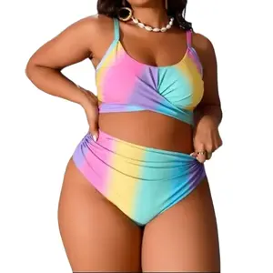 Women's Plus Size Nylon 2-Piece High Waisted Knitted Rainbow Bikini Set, Stretchy Comfortable Swimsuit for Summer Beach