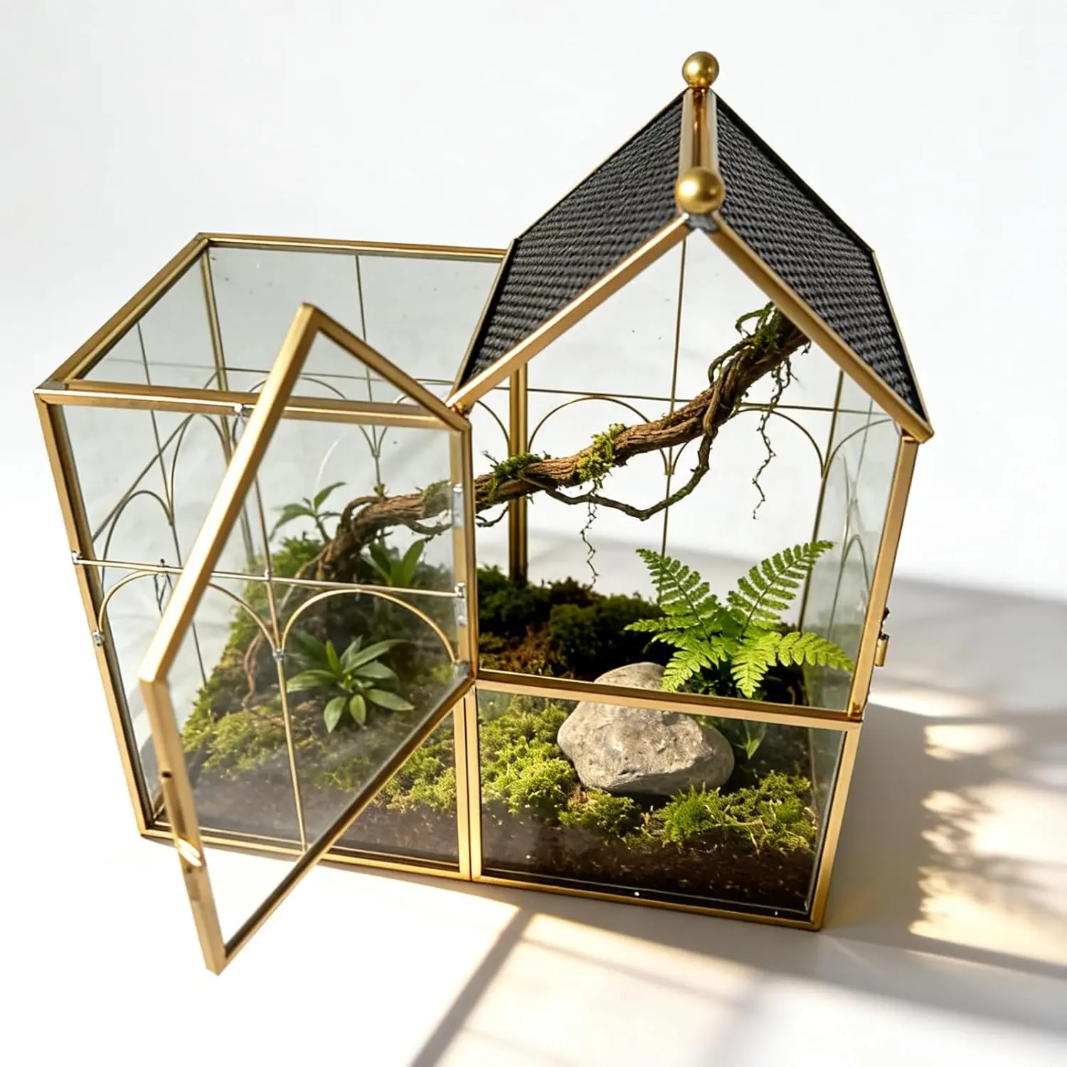 Ready-to-Use Secure Glass Terrarium with Fine Ventilation Holes & Tight Seal - House-Shaped Habitat for Jumping Spiders, Praying Mantis - Home Garden Tabletop Decor for Succulent Plants