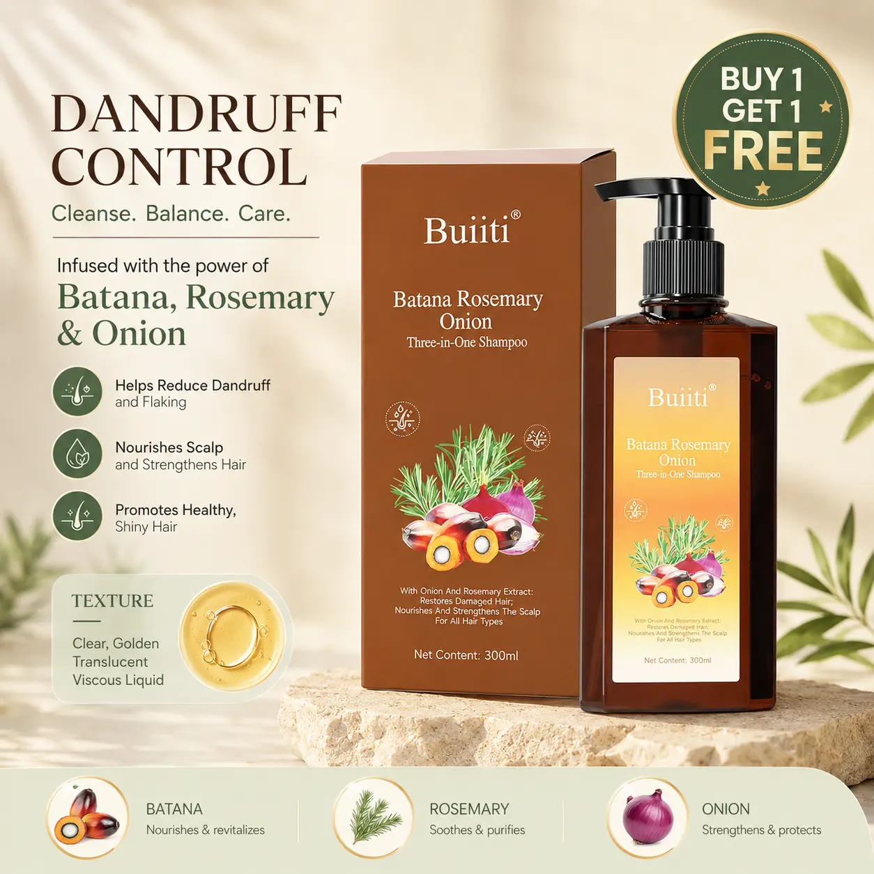 【Buy 1 Get 1 Free】Buiiti Batana Rosemary & Onion 3-in-1 Shampoo | Daily Hair & Scalp Cleansing Care | Soft, Smooth & Shiny Hair | All Hair Types