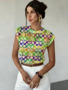 Geometric Pattern Colorblock Print Round Neck Fitted Sweater, Casual Short Sleeveless Knitwear Top for Spring Summer Fall, Comfortable Warm Fashion Women's Clothing