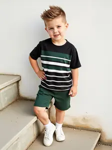 Boys' Summer Set, Striped Sets, Striped Short Sleeve T-Shirt & Solid Color Shorts, Casual Wear for Vacation & Outdoor Activities, Ages 4-7