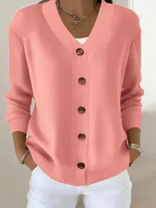 Women's Solid V-Neck Long Sleeve Cardigan Sweater, Elegant Casual Layering for Fall & Winter, Must-Have for Valentine's Day, Knitwear, Womenswear