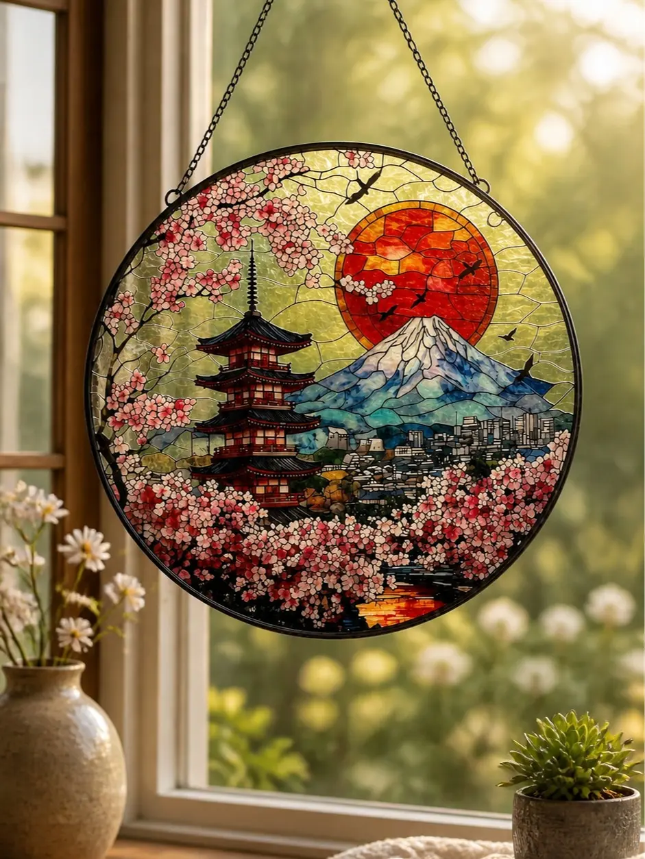 Japanese Pagoda Red Sun Glass Ornament, Sakura Garden Window Accent, Scenic Mountain Circle Hanging, Asian Inspired Floral Home Decoration