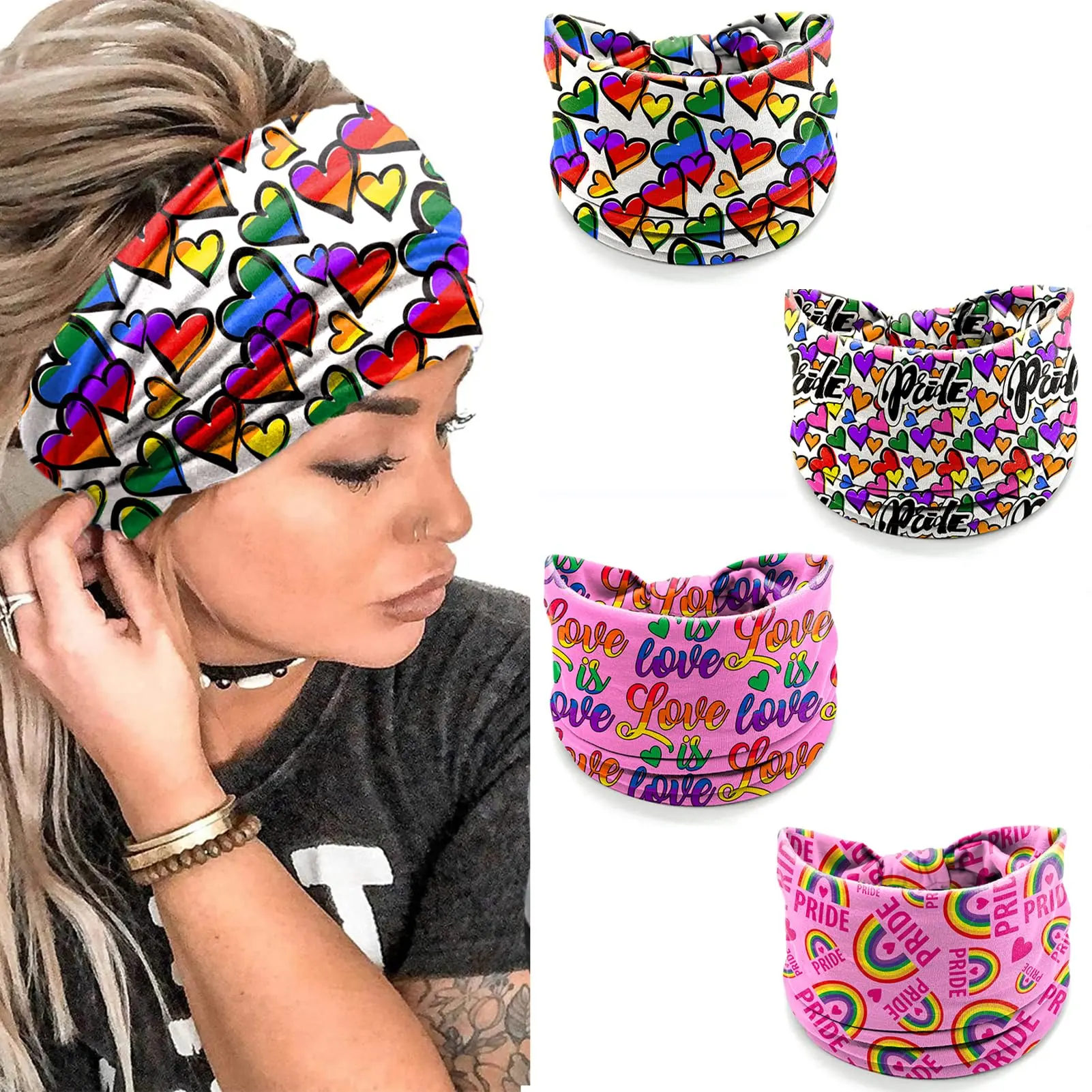 4 Pack Rainbow Pride Headbands for Women & Men – LGBTQ+ Love is Love Pink Hair Bands with Hearts & Pride Quotes – Colorful Festival Yoga Sports Head Wraps for Gay Pride Parade & Daily Wear