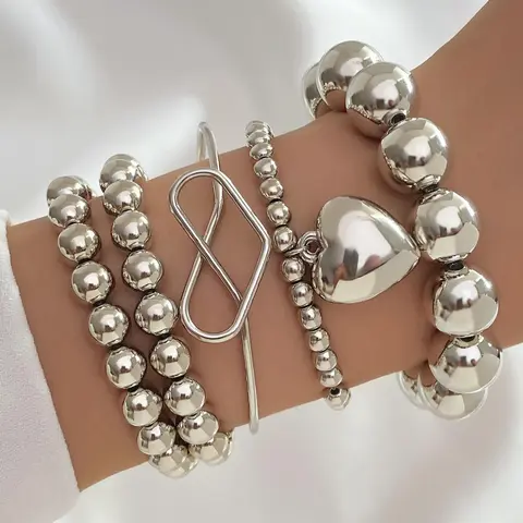5pcs Minimalist Heart Design Beaded Bracelet For Women For Gift, Fashion All-match Jewelry, Fashion Bracelets, Fashionable Bracelet, Alloy Heart Bracelets