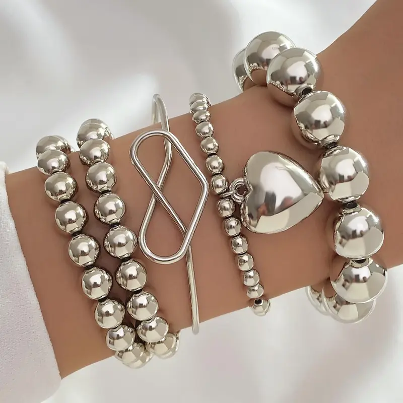 5pcs Minimalist Heart Design Beaded Bracelet For Women For Gift, Fashion All-match Jewelry, Fashion Bracelets, Fashionable Bracelet, Alloy Heart Bracelets