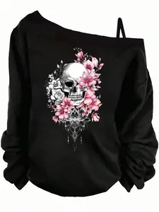 Women's Casual Loose-Fit Long Sleeve T-Shirt, Floral Skull Print, Fall Fashion, Comfortable Home Wear, All Seasons