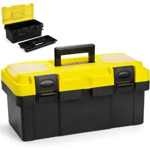 16 Inch Plastic Tool Box with Handle, Portable Toolbox with Removable Tray and Lockable Design, Heavy Duty Toolbox Organizer with Small Parts Box for Household Workshops Garages, Black Yellow