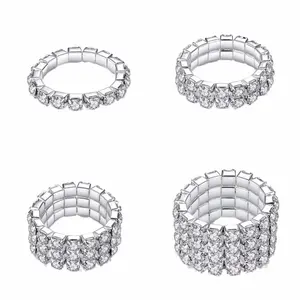 1pcs  Fashion Style Elastic Silver Plated Tone 3 Row Crystal Rhinestone Finger Ring Toe Ring Bridal Jewelry