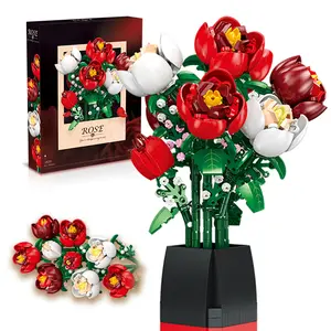 Rose Bundle Eternal Flower with Vase Home Decor DIY Assembly, Building Blocks, Simulated Bouquet, Decompression, Puzzle, Puzzle Assembly, Small Particle Building Blocks, Toy, Teacher's Day Gift