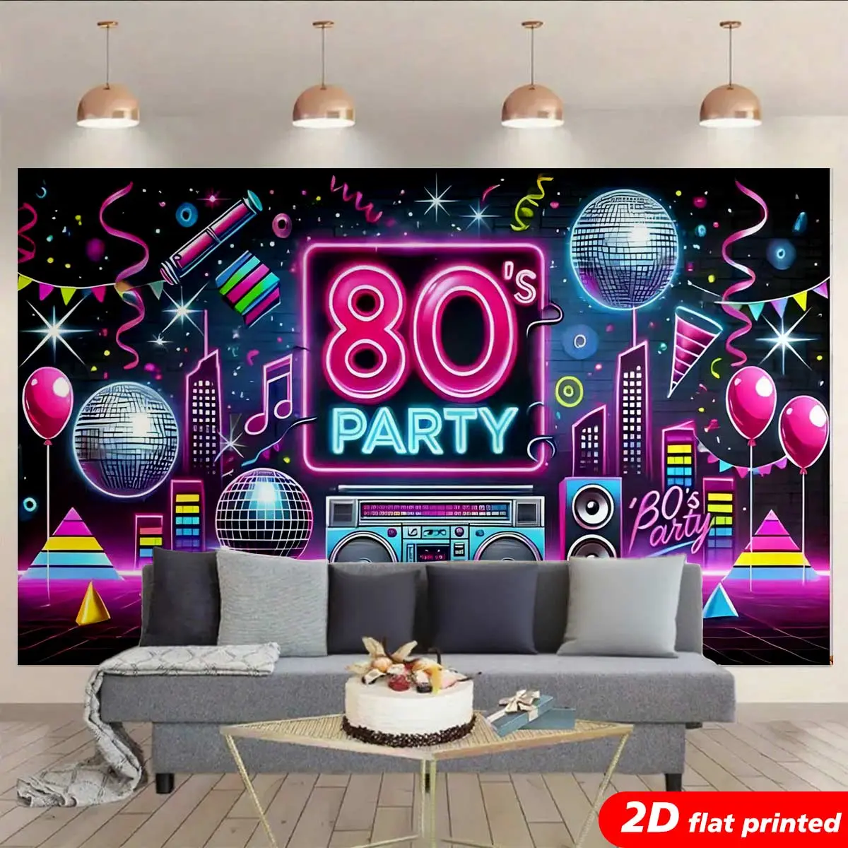 80s Retro Polyester Tapestry Wall Hanging - Colorful Neon Disco Ball, Boombox Design, 2D Flat Printed Backdrop, Parties/Birthdays Gift, Bedroom Aesthetic Home Decor