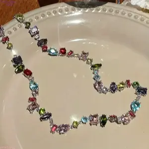 Trendy Y2K Clavicle Chain, Stylish Alloy Necklace Embedded with Sparkling Multicolor Synthetic Gemstones and Rainbow Zirconia, Dainty Bling Jewelry, Versatile Accessory for Daily Casual Looks, Party Dressing and Heartfelt Gifts for Family & Friends