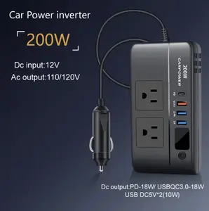 200W on-board power inverter, DC 12V to 110V AC on-board inverter, 3 USB 1 Type-C port charger adapter on-board plug converter with switch and current LED screen for cars, SUVs and trucks (black)