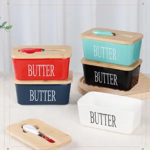 Butter Box Set with Ceramic Knife, Rectangular Butter Dish with Wooden Lid, Cheese Ceramic Butter Box, Refrigerated Storage Container