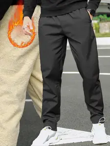 Men's Fall Winter Fleece Lined Straight Leg Pants, Drawstring Waist, Zipper Pockets, Casual Outdoor Sports Wear, Boyfriend Christmas Gifts