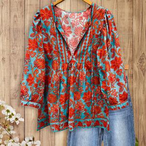 SageVell Retro Floral Blouse 3/4 Sleeve V Neck Medium Bohemian Artistic Cotton Fabric Women's Spring Outfit Multicolor Boho Style