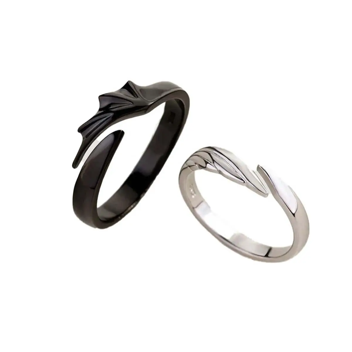 Angel and Demon Wings Couple Statement 2-Tone Rings - Black-Silver Open Adjustable Artificial Gemstone Unique Rings, Casual Daily Jewelry, Halloween Gift, Two Tone Ring