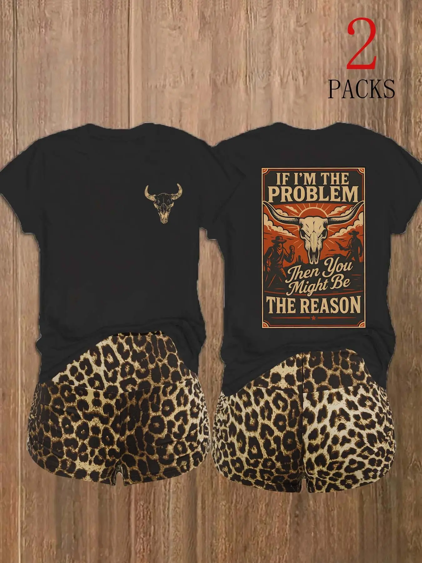 2 Pack Women's Western Cowgirl Graphic Tees, "If I'm The Problem Then You Might Be The Reason" Letter Print Short Sleeve Summer T-Shirts, Vintage Bull Skull Leopard Casual Tops, Baddie Style Vibe OOTD for Coachella Festival Outfits & Daily Streetwear