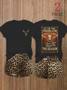 2 Pack Women's Western Cowgirl Graphic Tees, "If I'm The Problem Then You Might Be The Reason" Letter Print Short Sleeve T-Shirts, Vintage Bull Skull Leopard Casual Tops, Baddie Style OOTD for Coachella Outfits & Daily Streetwear