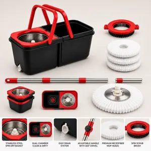 Mop and bucket detachable set, equipped with a 360° rotatable mop, 3 ultra-fine fiber mop heads, and 1 mop brush, 61-inch adjustable handle, efficient and convenient household cleaning supplies