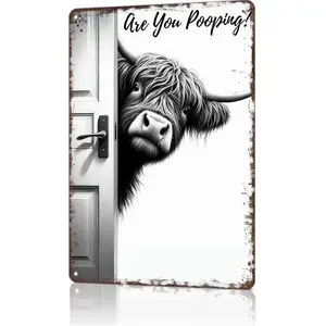 Vintage Highland Cow Aluminum Sign Funny Are You Pooping Black and White Bathroom Wall Decor for Western & Highland Cow Lovers 8 x 12 Inch Decorative Plaque