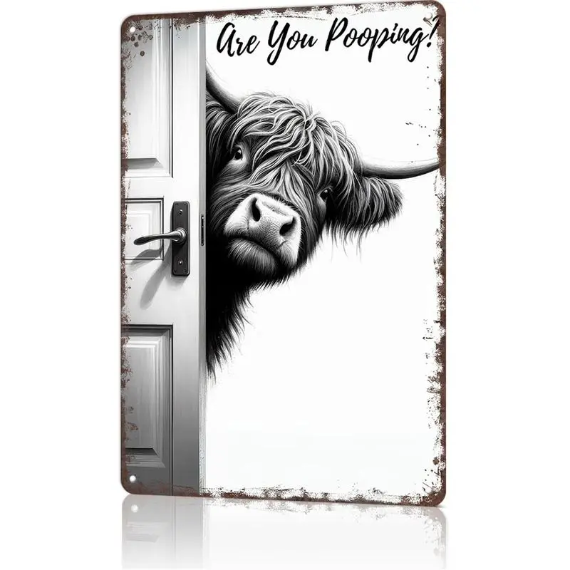 Vintage Highland Cow Aluminum Plaque, 8x12 in 1-Piece Lightweight Bathroom Wall Decor with Funny Text & Humor, Home Supplies Sign for Western Lovers