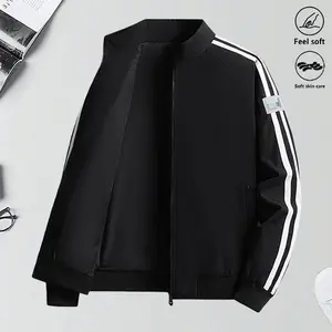Men's Casual Sports Jacket - Black with White Two-Stripe Design, Soft Touch, Full Zip Closure, Ideal for Everyday Casual and Fashion Wear
