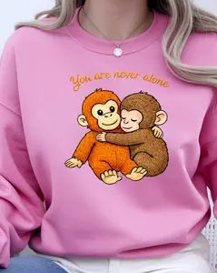 Y.O.U Unisex Long-Sleeve Spandex-Yarn Pullover Sweater, Casual Cotton Fabric Top, Classic Fitted Athletic Rib Knit, Soft Feel, "YOU ARE NEVER ALONE" Cartoon Slogan Print, Autumn Medium Length