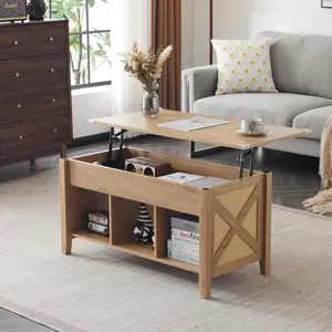 summervibes Karlhome Farmhouse Lift Top Coffee Table, Rustic Grey with Storage Shelf/Hidden Compartment, Mesa De Centro para Sala