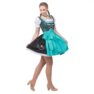 Elegant German Dirndl Set - Short Black Dirndl Dress Set with Aqua Green Apron and White Crop Top