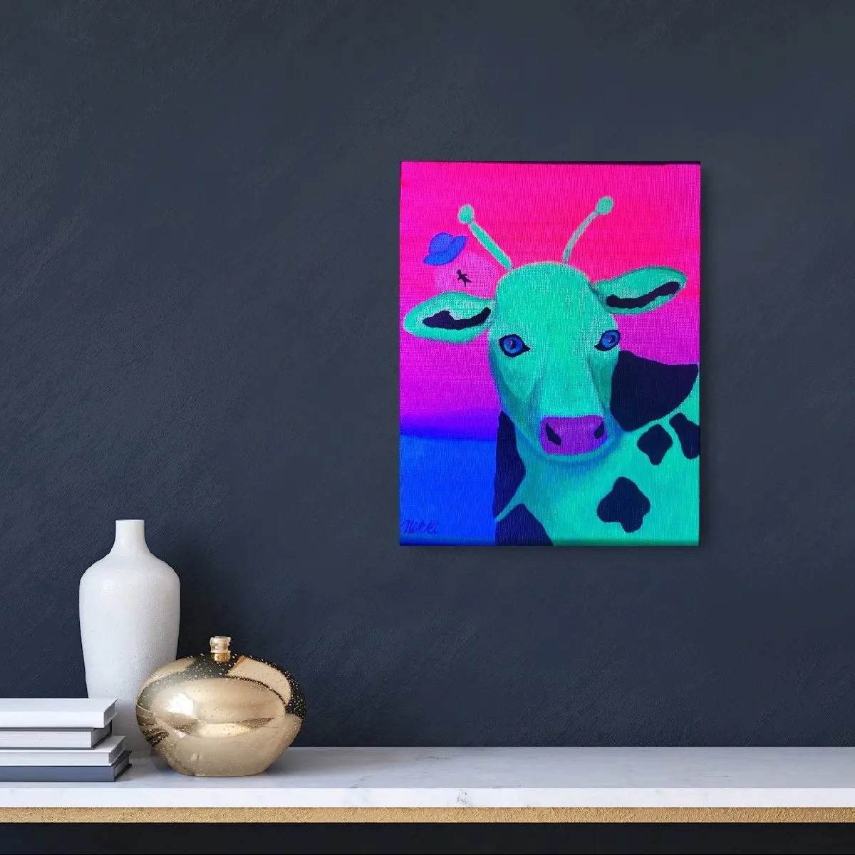 Intergalactic Cosmic Cow Original Blacklight-Responsive Painting by Glow by Nikki wall art Colorful Artwork Decor