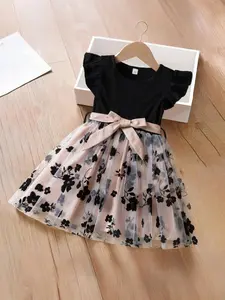 Toddler Girl's Floral Embroidery Bow Decor Tulle Dress, Cute Cap Sleeve Round Neck Dress for Party Holiday Wedding Guest, Kids Summer Clothes
