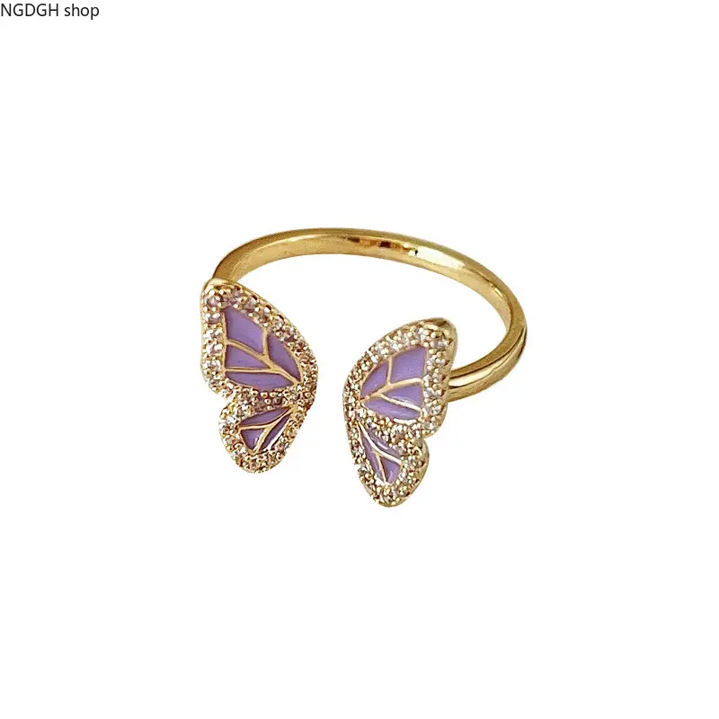 Adjustable Gold Plated Purple Butterfly Ring, Open Design with Sparkling CZ, Perfect for Y2K Aesthetic, Everyday Wear & Adding Whimsical Glam to Any Outfit