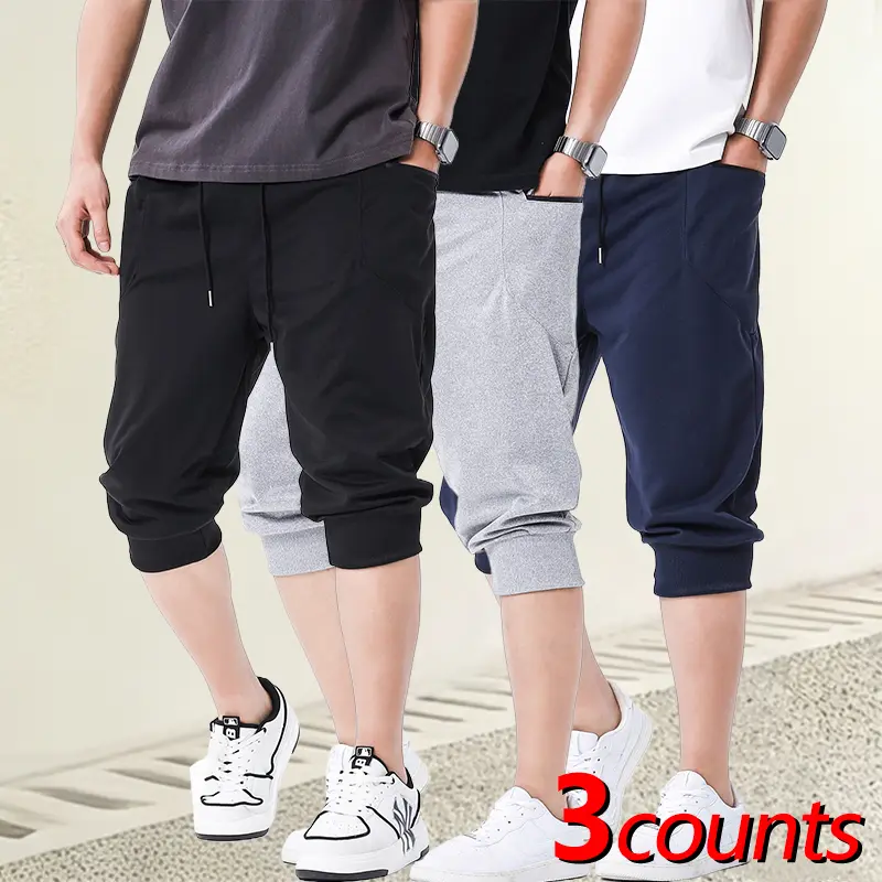 3-pack men’s casual three-quarter pants for summer—loose, versatile athletic joggers that are comfortable and breathable; knit three-quarter pants with a drawstring elastic waistband and hem design. Stylish casual wear suitable for everyday activities, ou