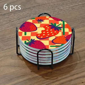 6-piece ceramic coaster set, featuring a red and yellow checkerboard pattern and a cartoon illustration of cheerful strawberries. These heat-resistant, non-slip coasters come with a stand and are perfect for home, dining, or as beverage mats.