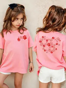Kids' Casual Crew Neck T-Shirt, Double Sided Print, Leopard Print Heart & Sunflower Pattern, Multiple Colors Available, Machine Washable, Spring & Summer Top, Soft Skin-Friendly Fabric, Daily Versatile, Fashion Design